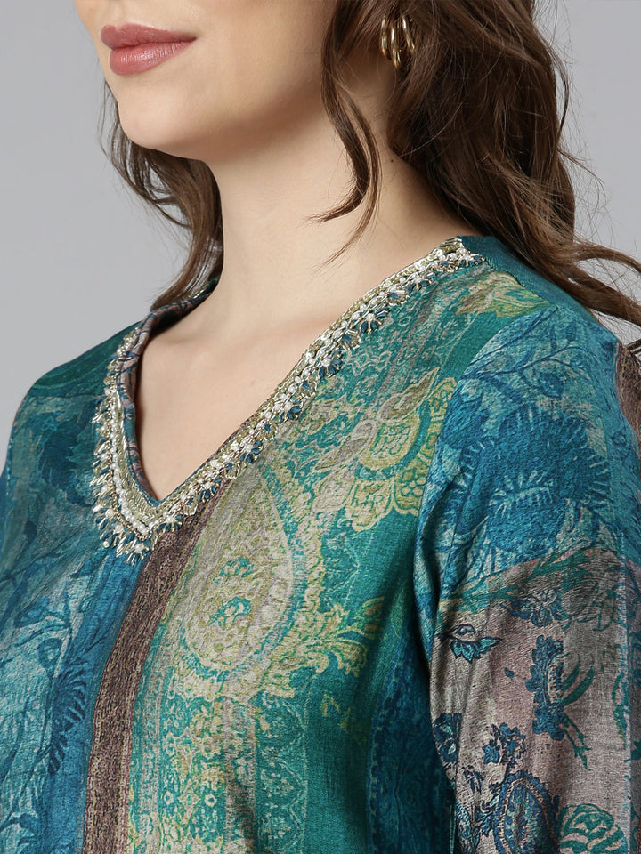 Neerus Blue colourblocked straight kurta suit set - detail view 1