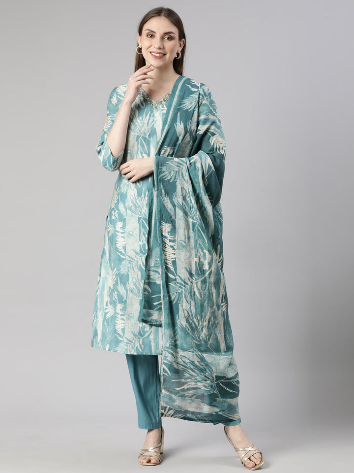 Neerus Blue floral printed straight suit set - front view