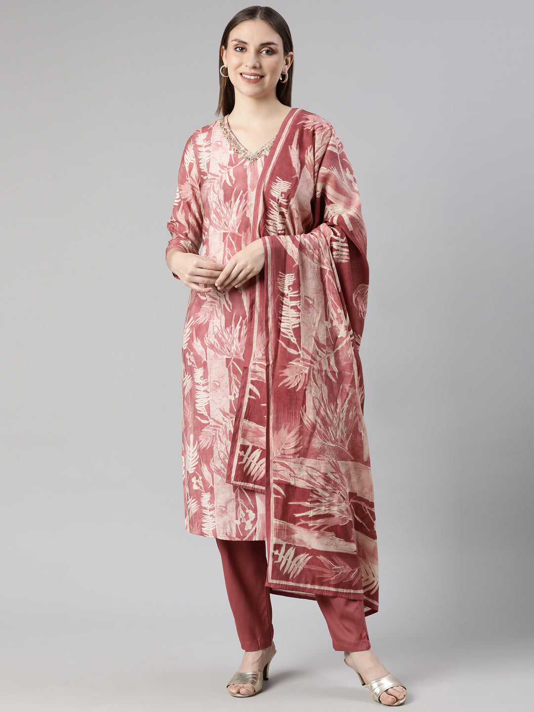 Neerus Pink printed floral straight suit set - front view
