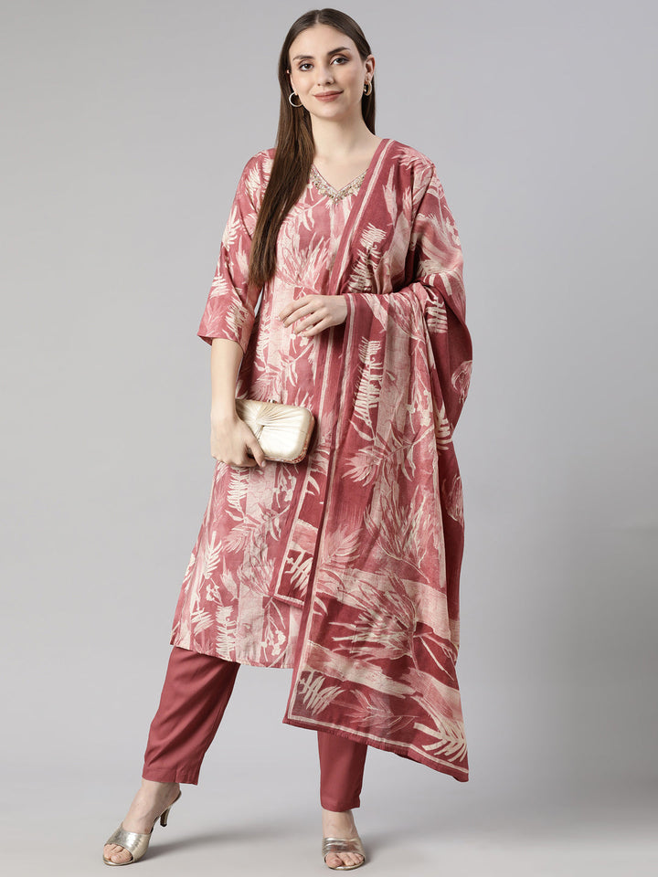 Neerus Pink printed floral straight suit set - detail view 2