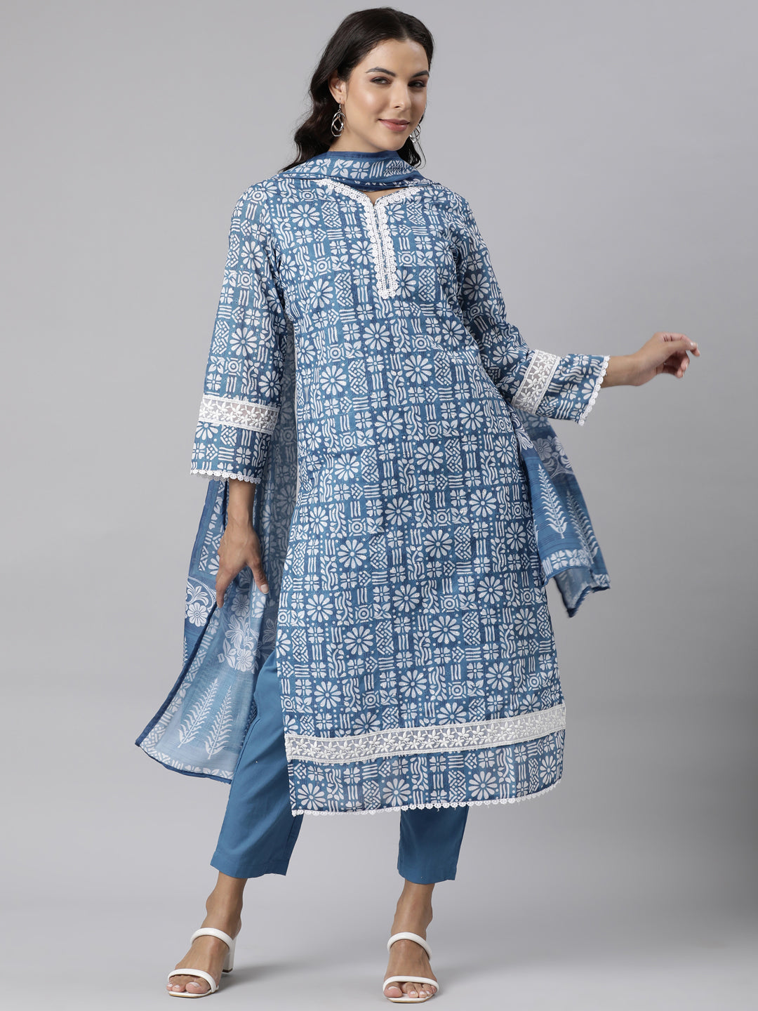 Neerus Blue Panelled Straight Printed Kurta And Trousers With Dupatta