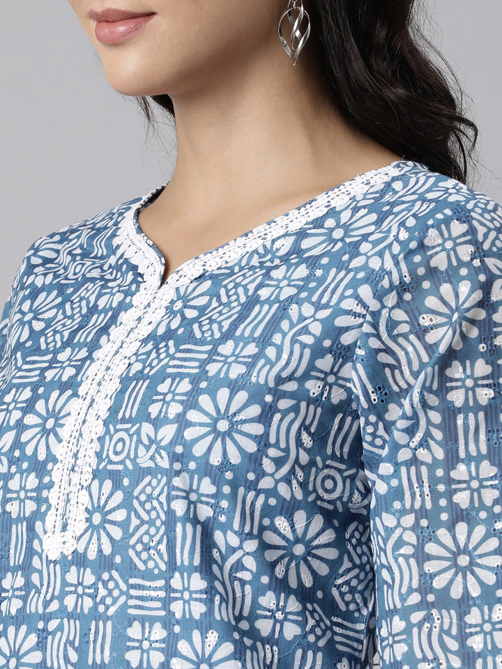 Neerus Blue Panelled Straight Printed Kurta And Trousers With Dupatta