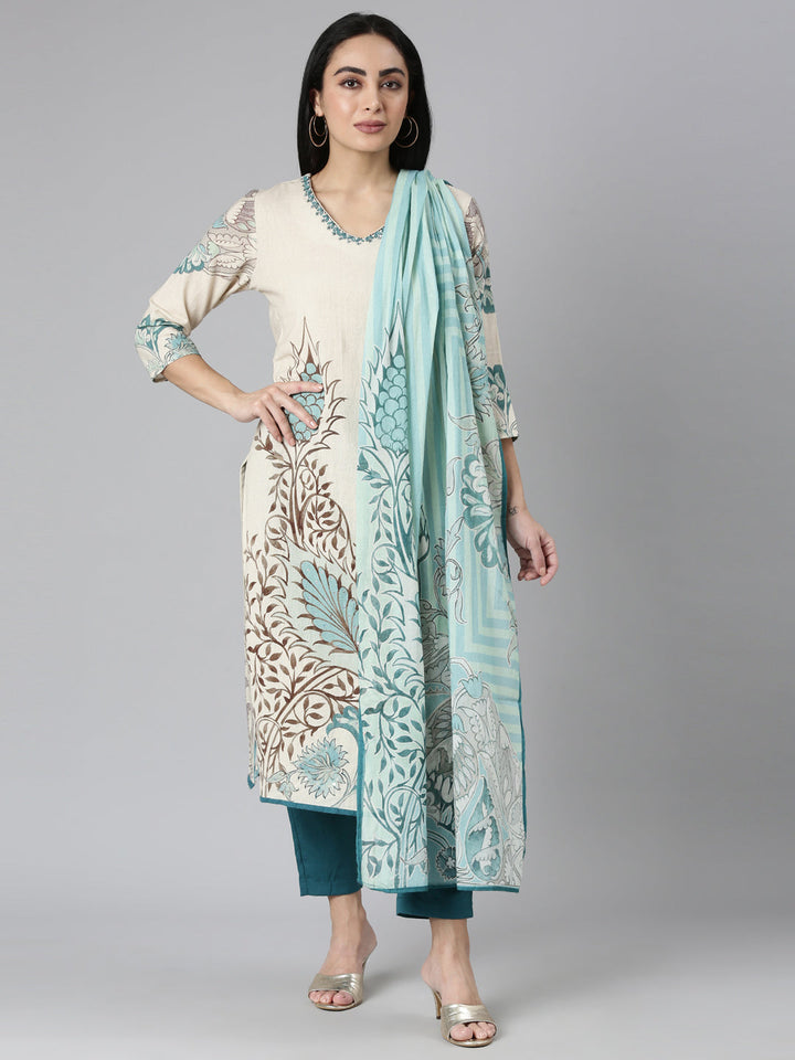 Neerus Beige Regular Straight Embroidered Kurta and Trousers With Dupatta