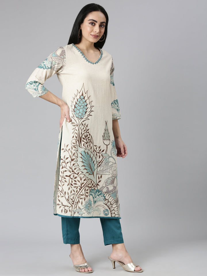 Neerus Beige Regular Straight Embroidered Kurta and Trousers With Dupatta