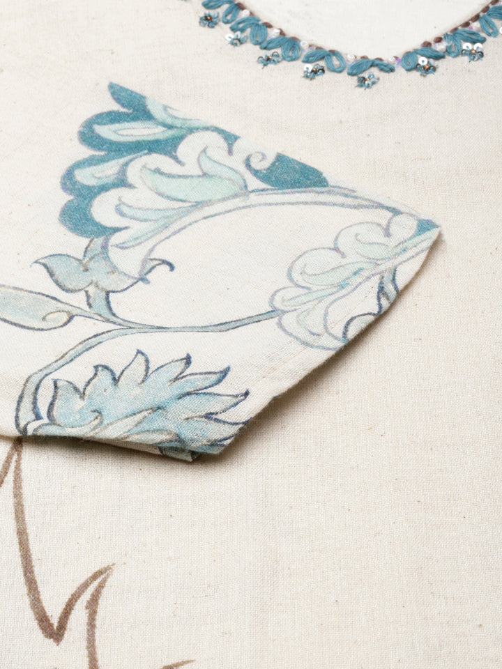 Neerus Beige Regular Straight Embroidered Kurta and Trousers With Dupatta