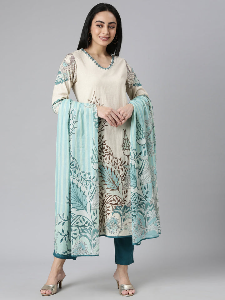 Neerus Beige Regular Straight Embroidered Kurta and Trousers With Dupatta