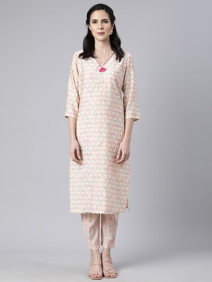 Neerus Pink printed floral straight suit set - front view