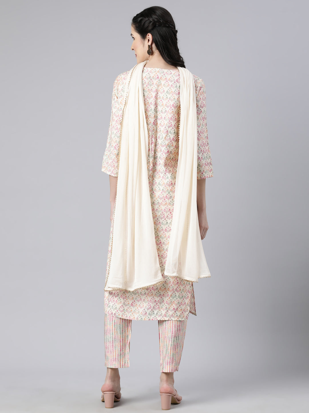 Neerus Pink printed floral straight suit set - side view