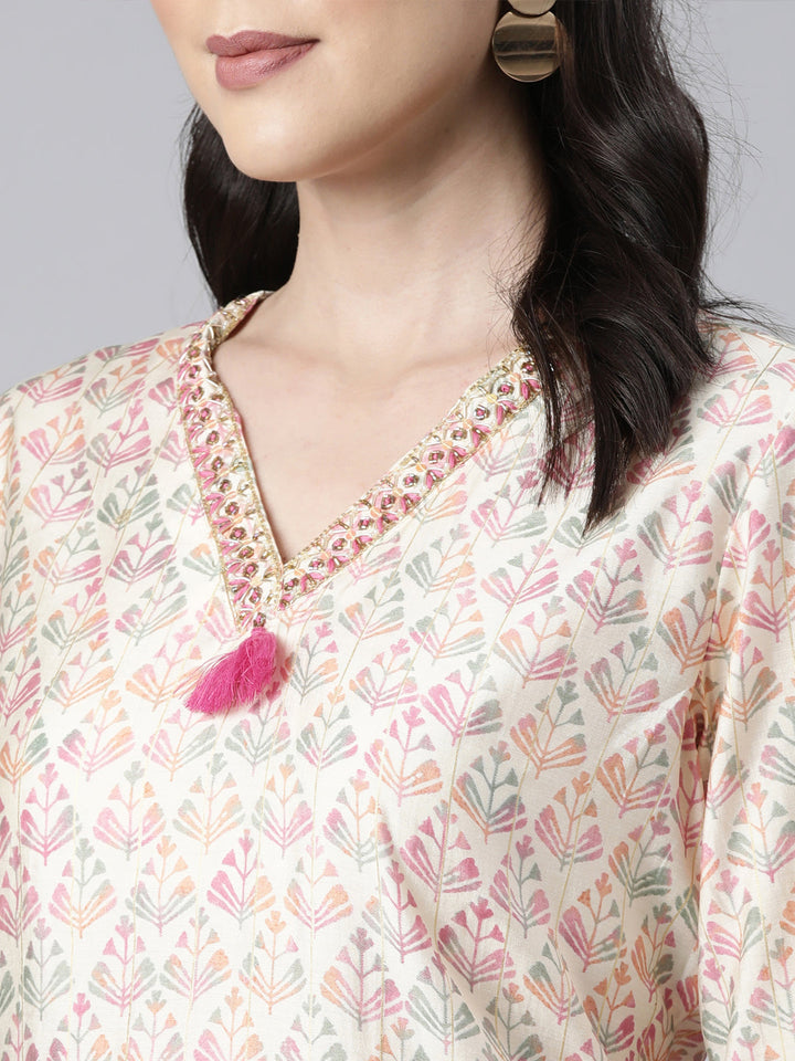 Neerus Pink printed floral straight suit set - detail view 1