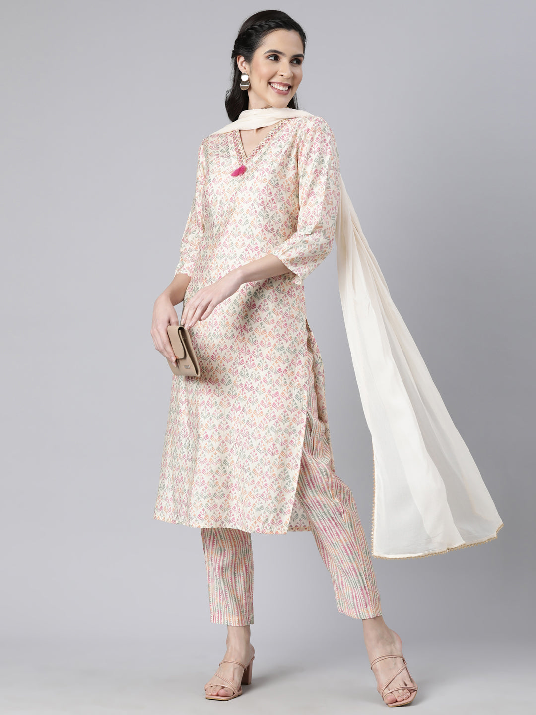 Neerus Pink printed floral straight suit set - detail view 2