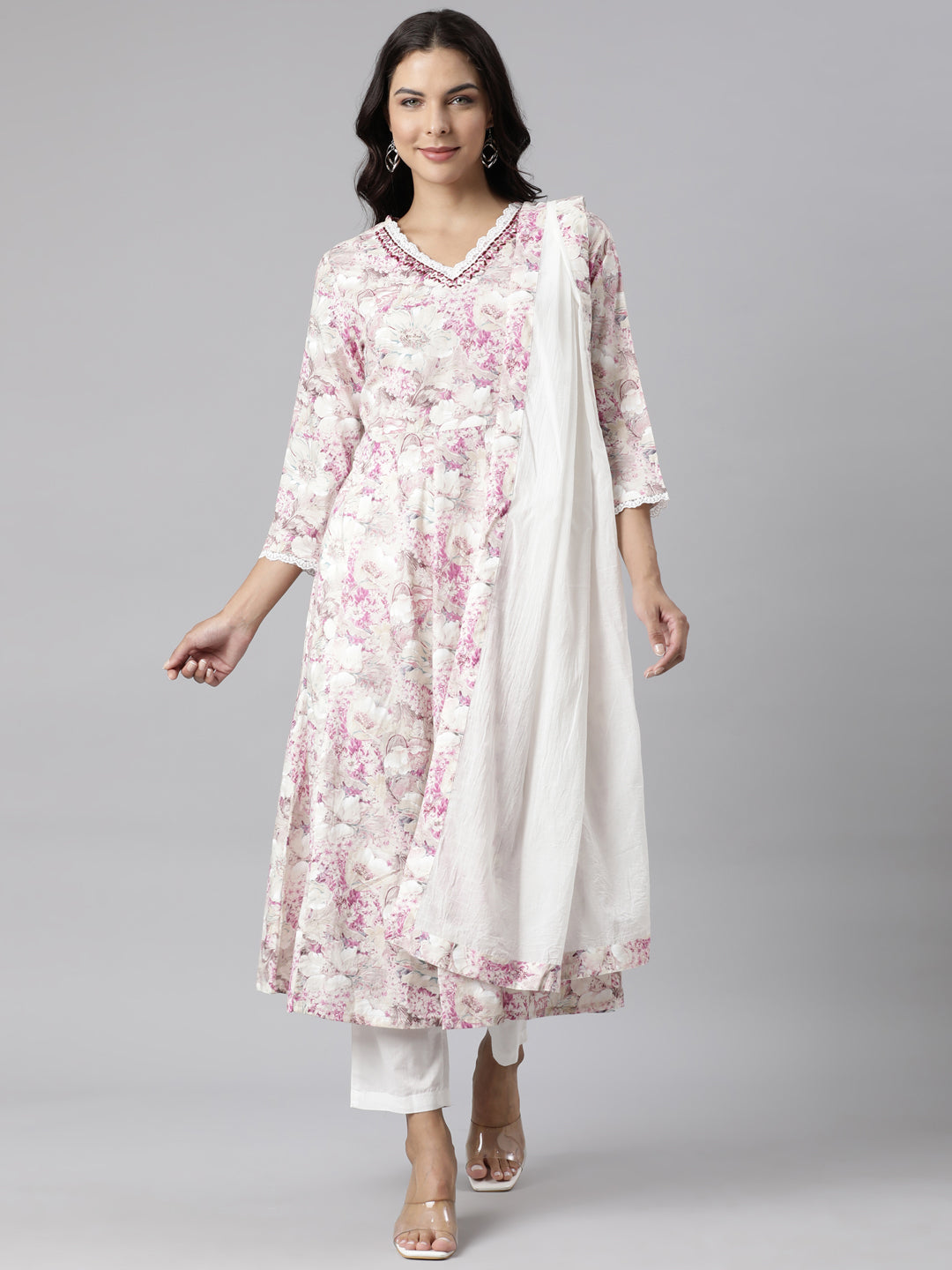 Neerus Beige cotton printed suit set - front view