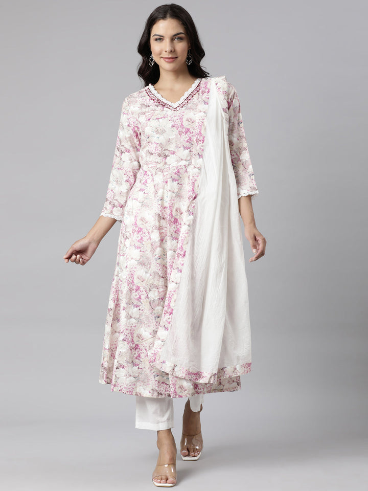 Neerus Beige cotton printed suit set - front view