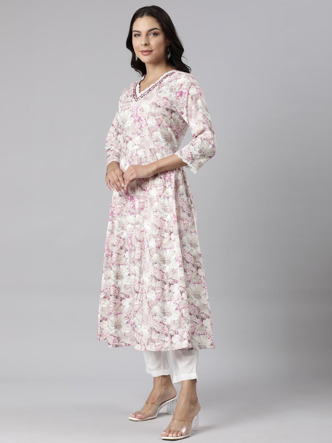Neerus Beige cotton printed suit set - back view