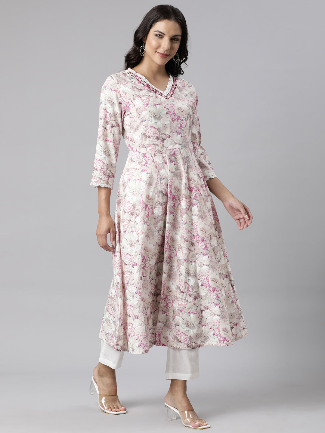 Neerus Beige cotton printed suit set - side view