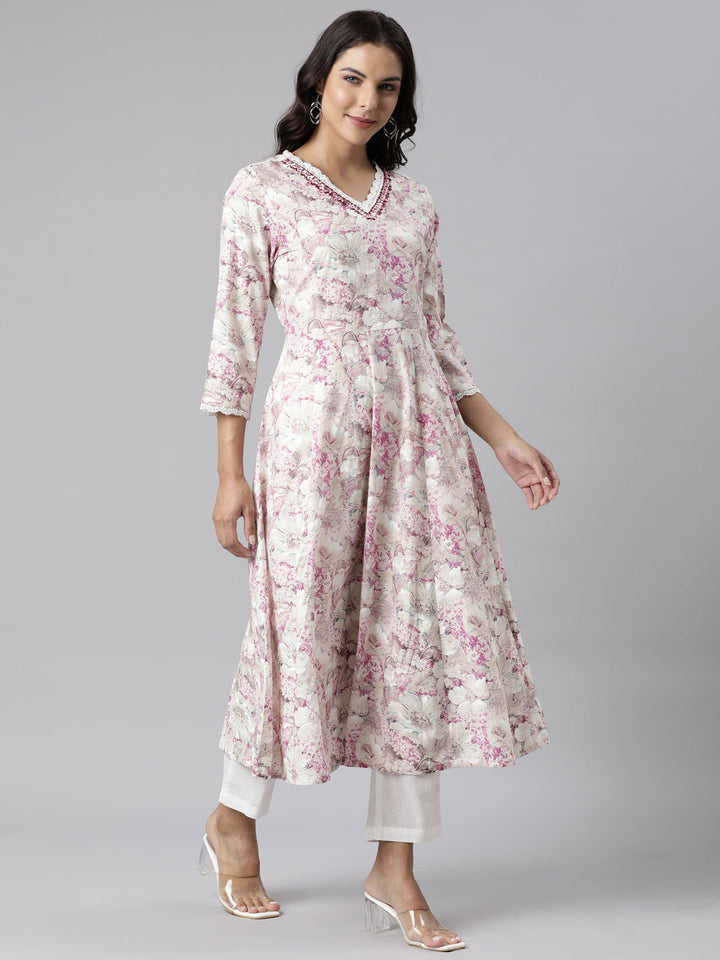 Neerus Beige cotton printed suit set - side view