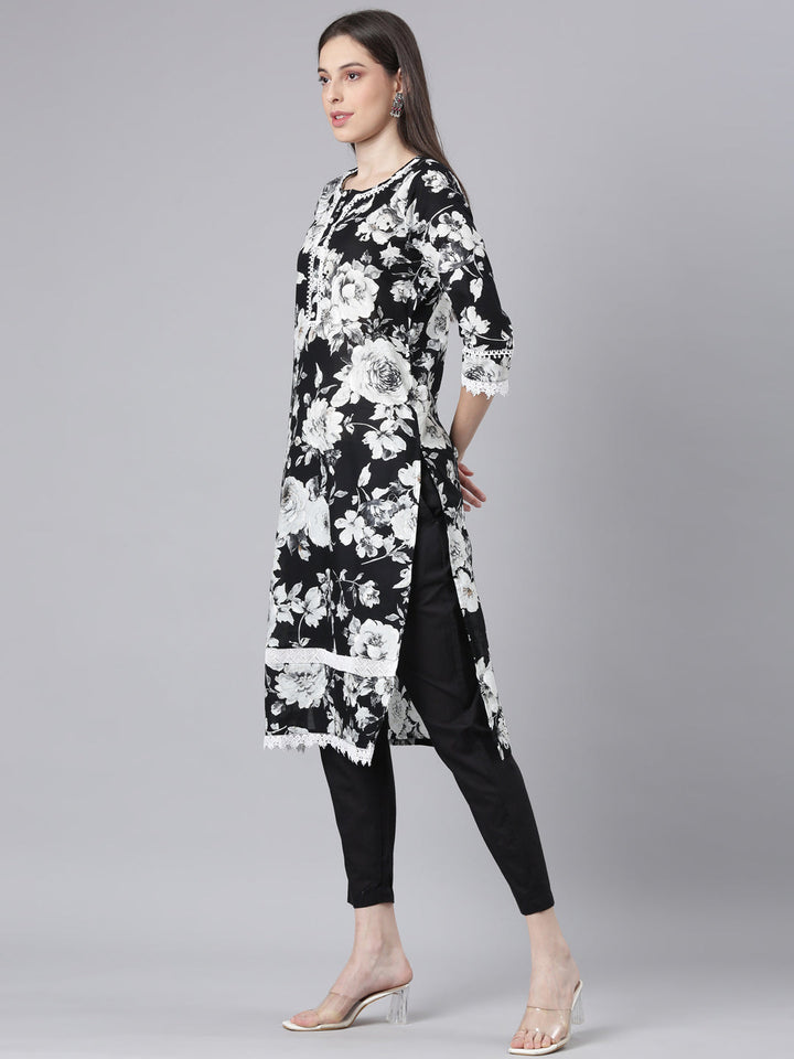 Neerus Black Printed Straight Kurta and Trousers With Dupatta