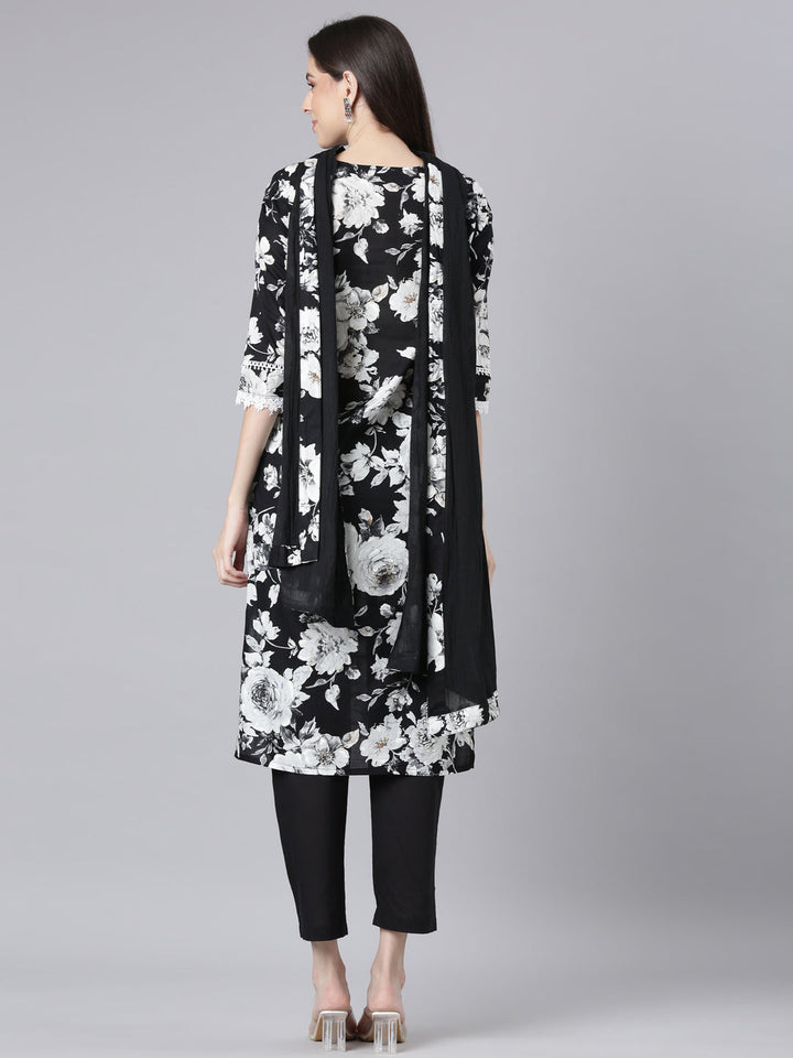 Neerus Black Printed Straight Kurta and Trousers With Dupatta