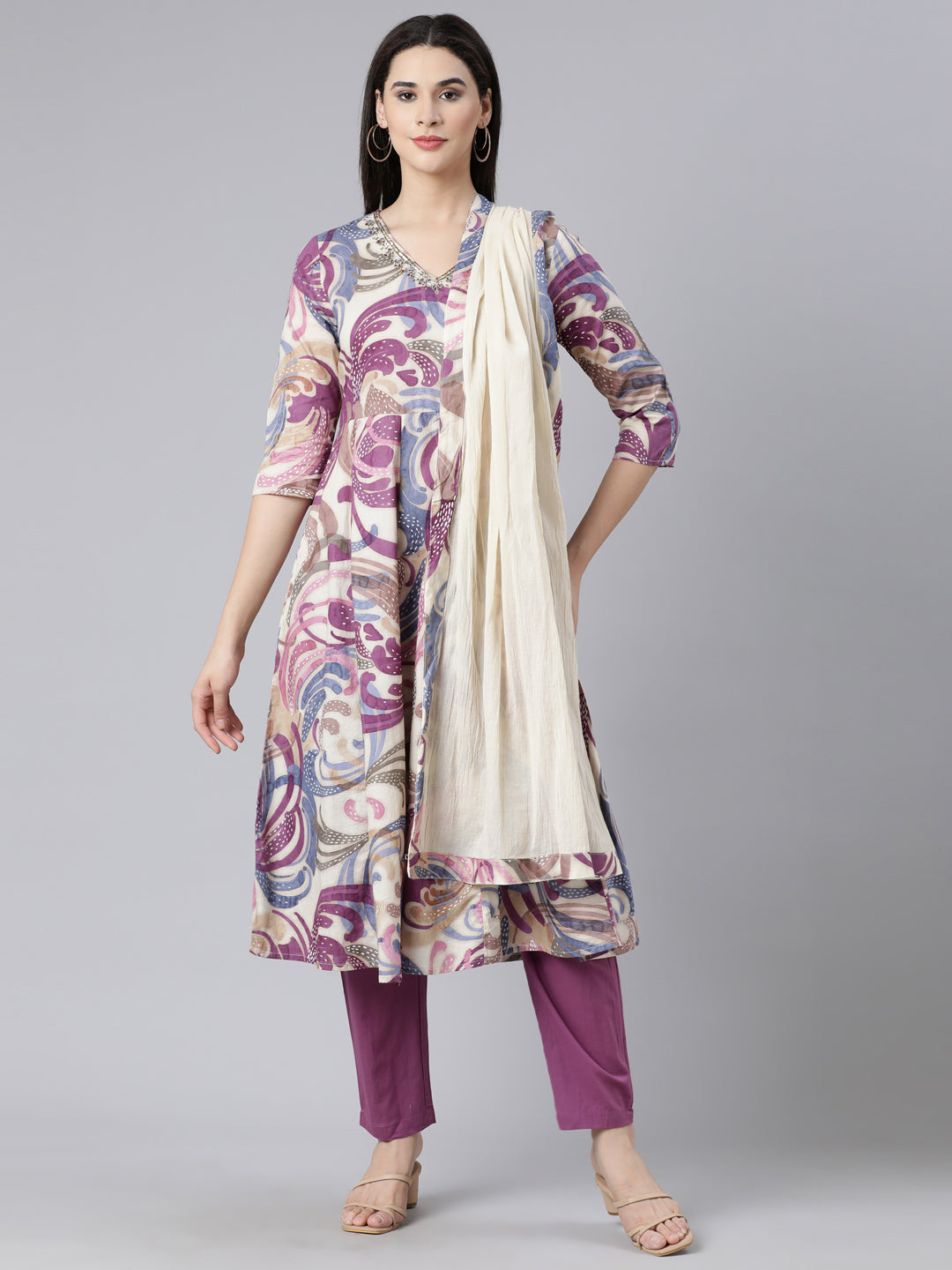 Neerus Multi printed panelled straight suit set - front view