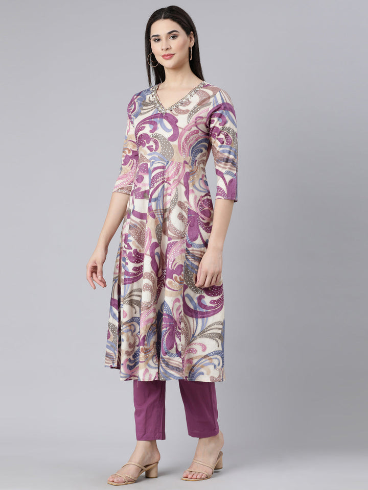 Neerus Multi printed panelled straight suit set - back view