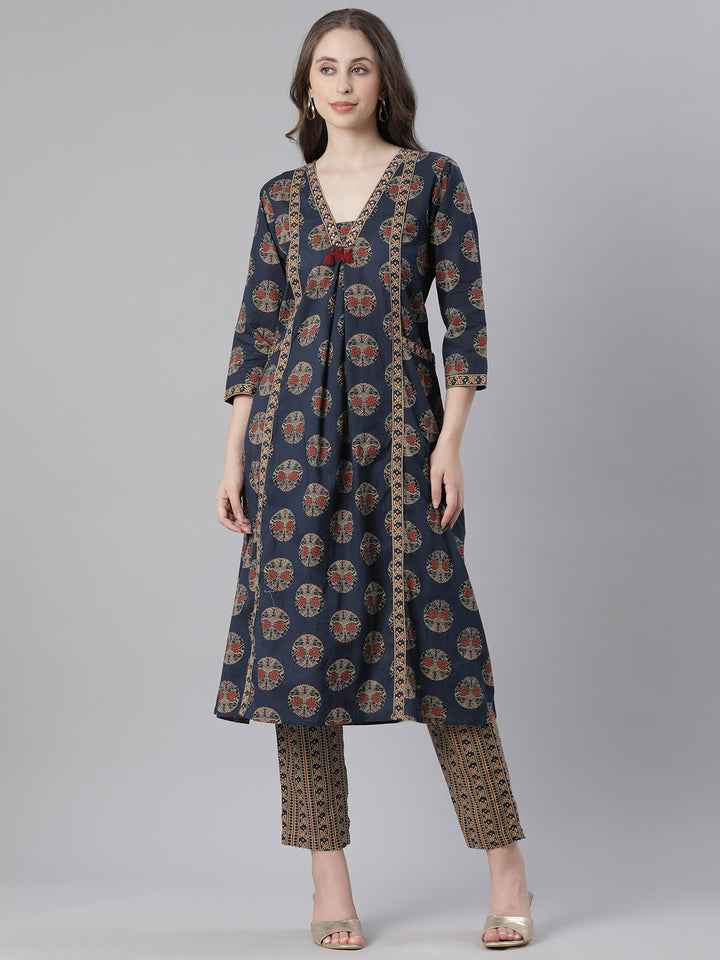 Neerus Navy Blue Printed Anarkali Kurta and Trousers With Dupatta
