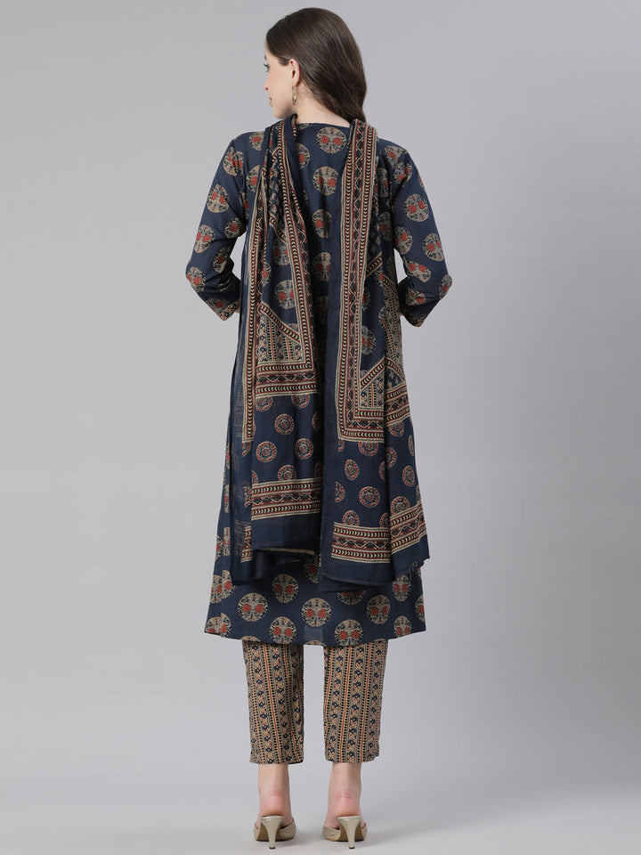 Neerus Navy Blue Printed Anarkali Kurta and Trousers With Dupatta