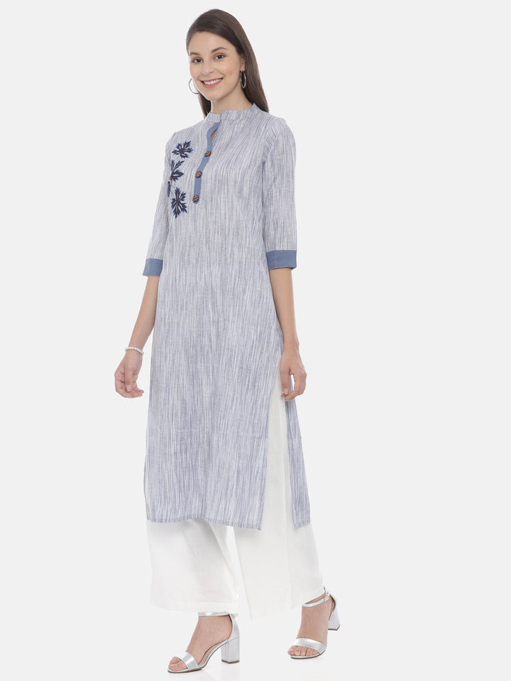 Neerus Blue muslin embroidered straight kurta - side view