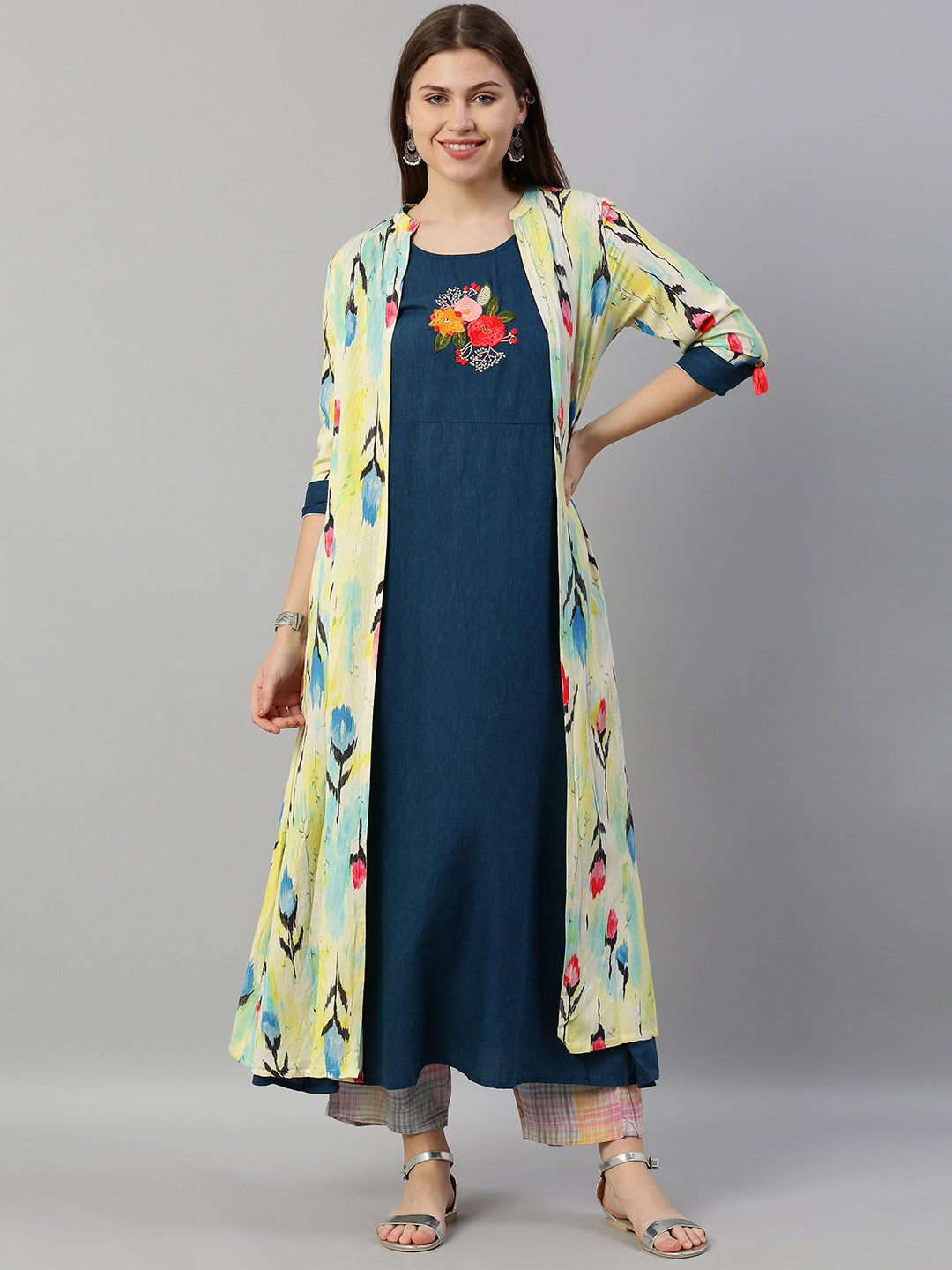 Neerus Green cotton embroidered A-line kurta - front view