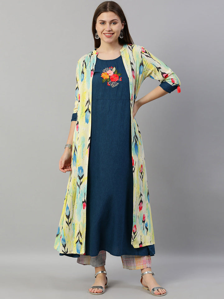 Neerus Green cotton embroidered A-line kurta - front view