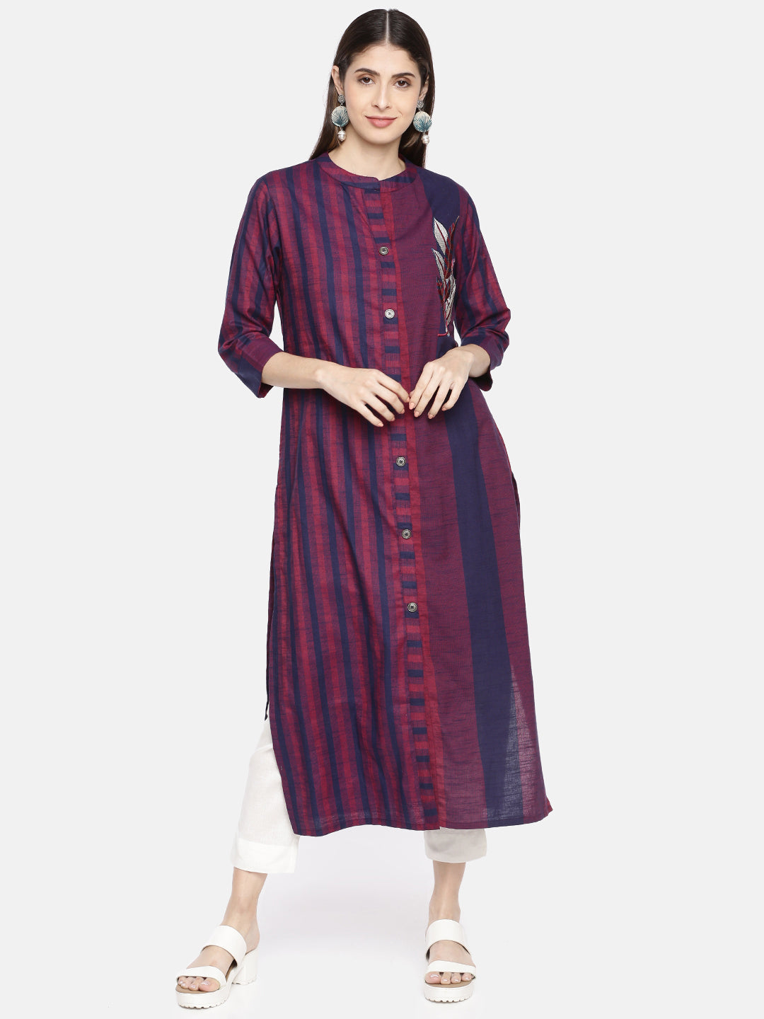 Neerus Blue slub cotton striped A-Line kurti - front view