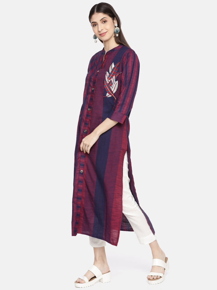 Neerus Blue slub cotton striped A-Line kurti - side view