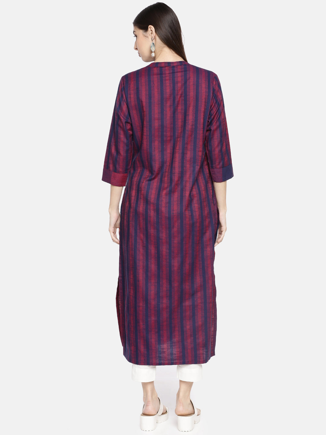 Neerus Blue slub cotton striped A-Line kurti - detail view 1