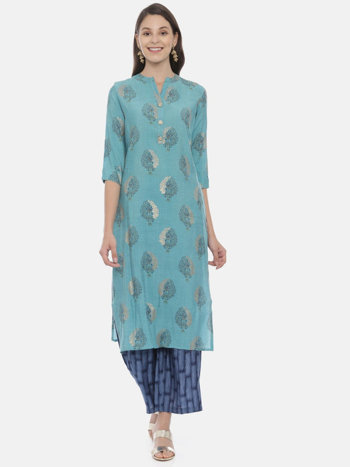 Neerus Blue printed kurta set with palazzo - front view