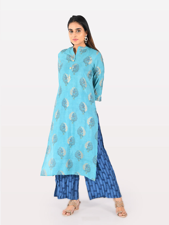 Neerus Blue printed kurta set with palazzo - detail view 5
