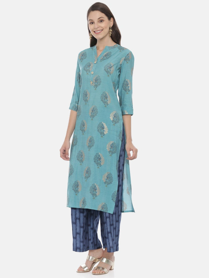 Neerus Blue printed kurta set with palazzo - side view