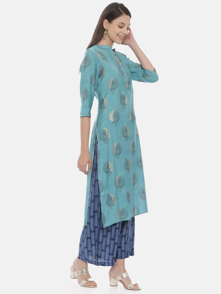 Neerus Blue printed kurta set with palazzo - detail view 1