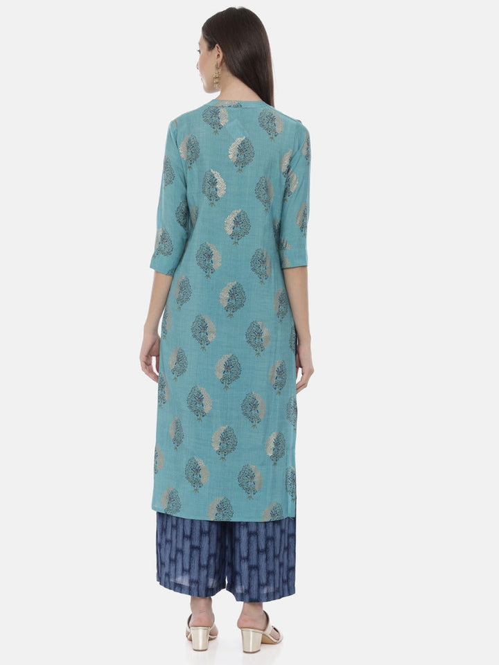 Neerus Blue printed kurta set with palazzo - detail view 2
