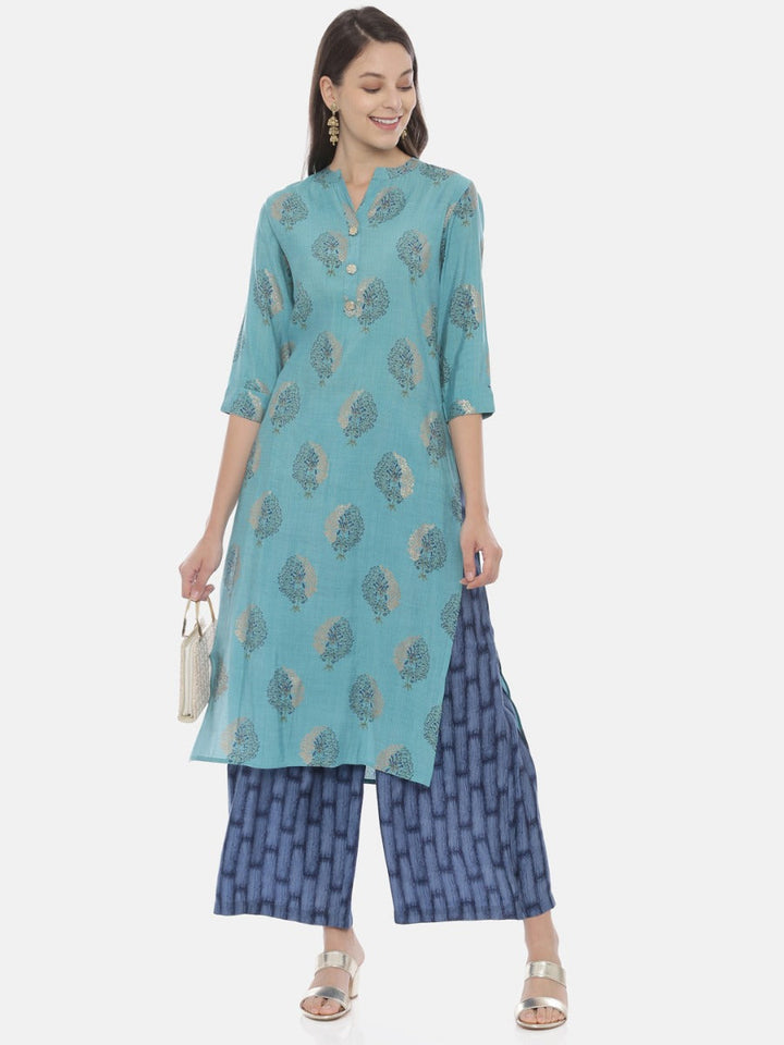 Neerus Blue printed kurta set with palazzo - detail view 3