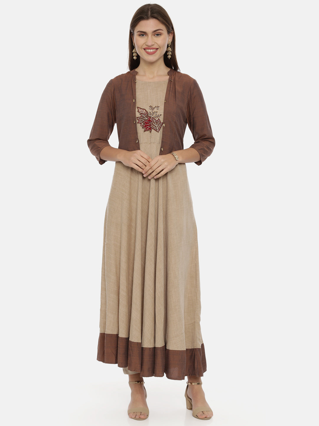 Neerus Brown cotton embroidered anarkali kurta - detail view 4