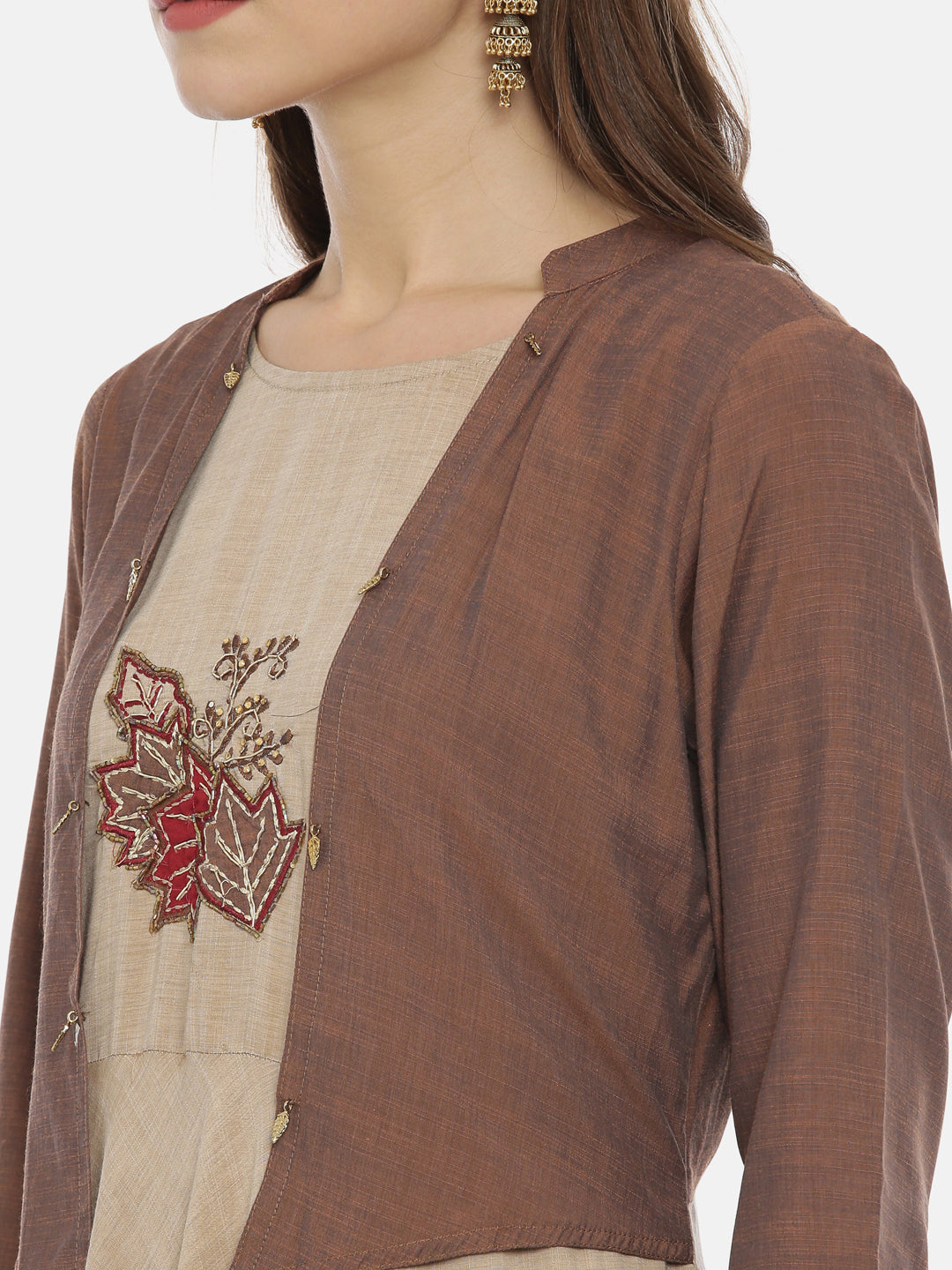 Neerus Brown cotton embroidered anarkali kurta - back view