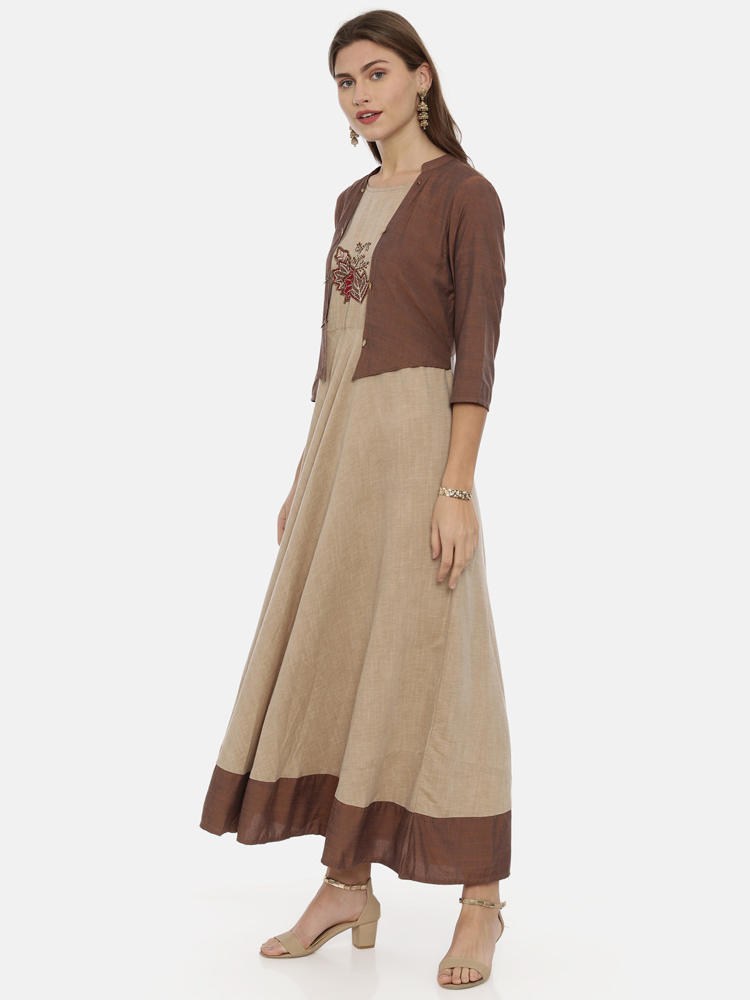Neerus Brown cotton embroidered anarkali kurta - side view