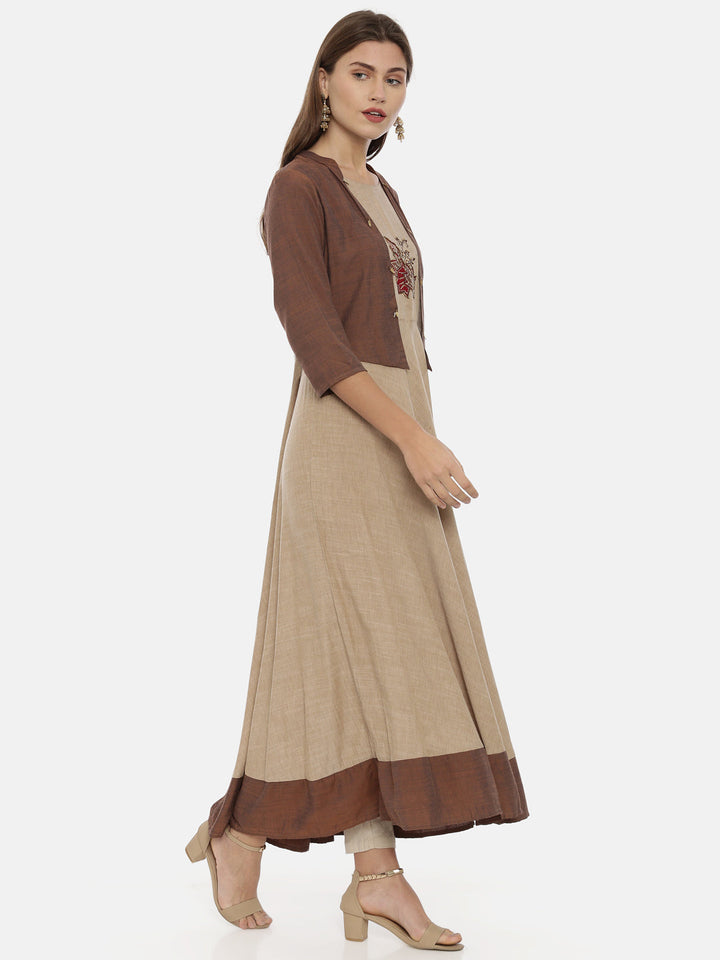 Neerus Brown cotton embroidered anarkali kurta - detail view 1