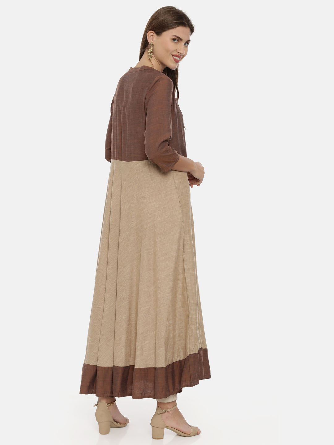 Neerus Brown cotton embroidered anarkali kurta - detail view 2