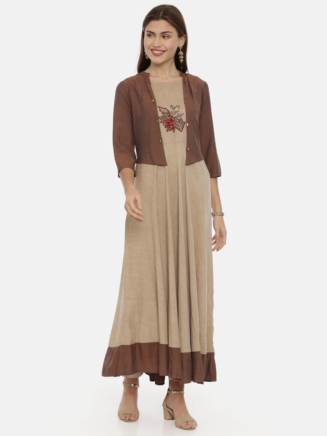 Neerus Brown cotton embroidered anarkali kurta - detail view 3