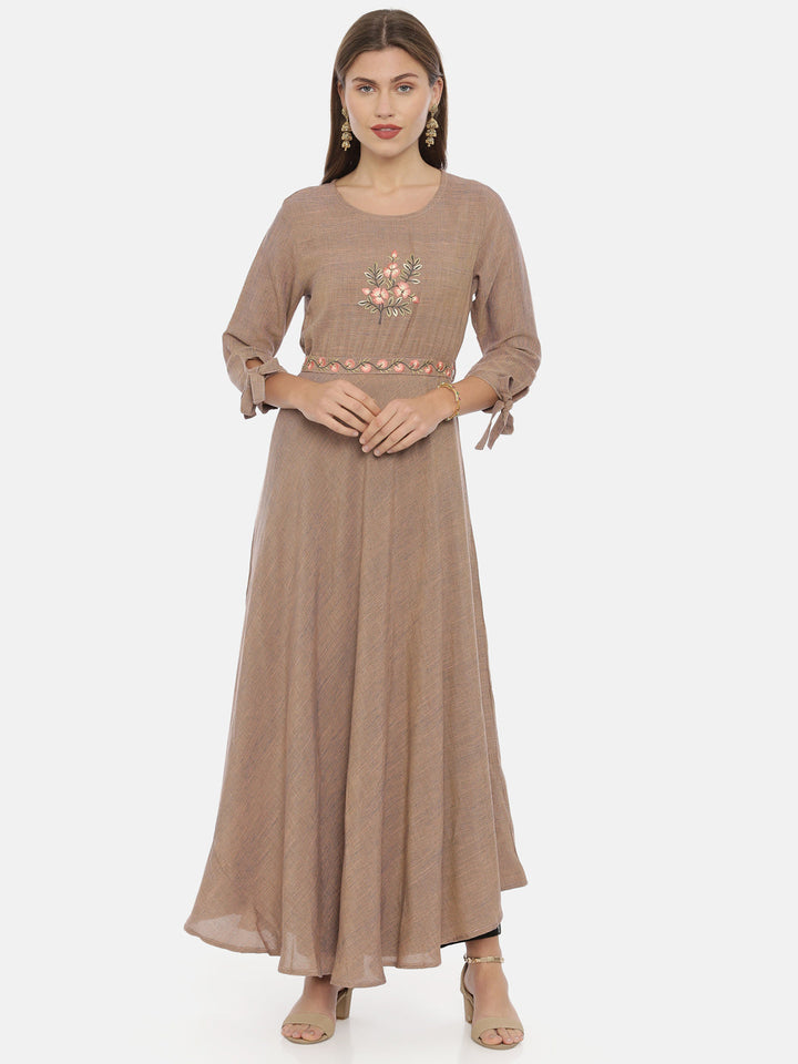 Neerus Brown embroidered anarkali kurta - front view
