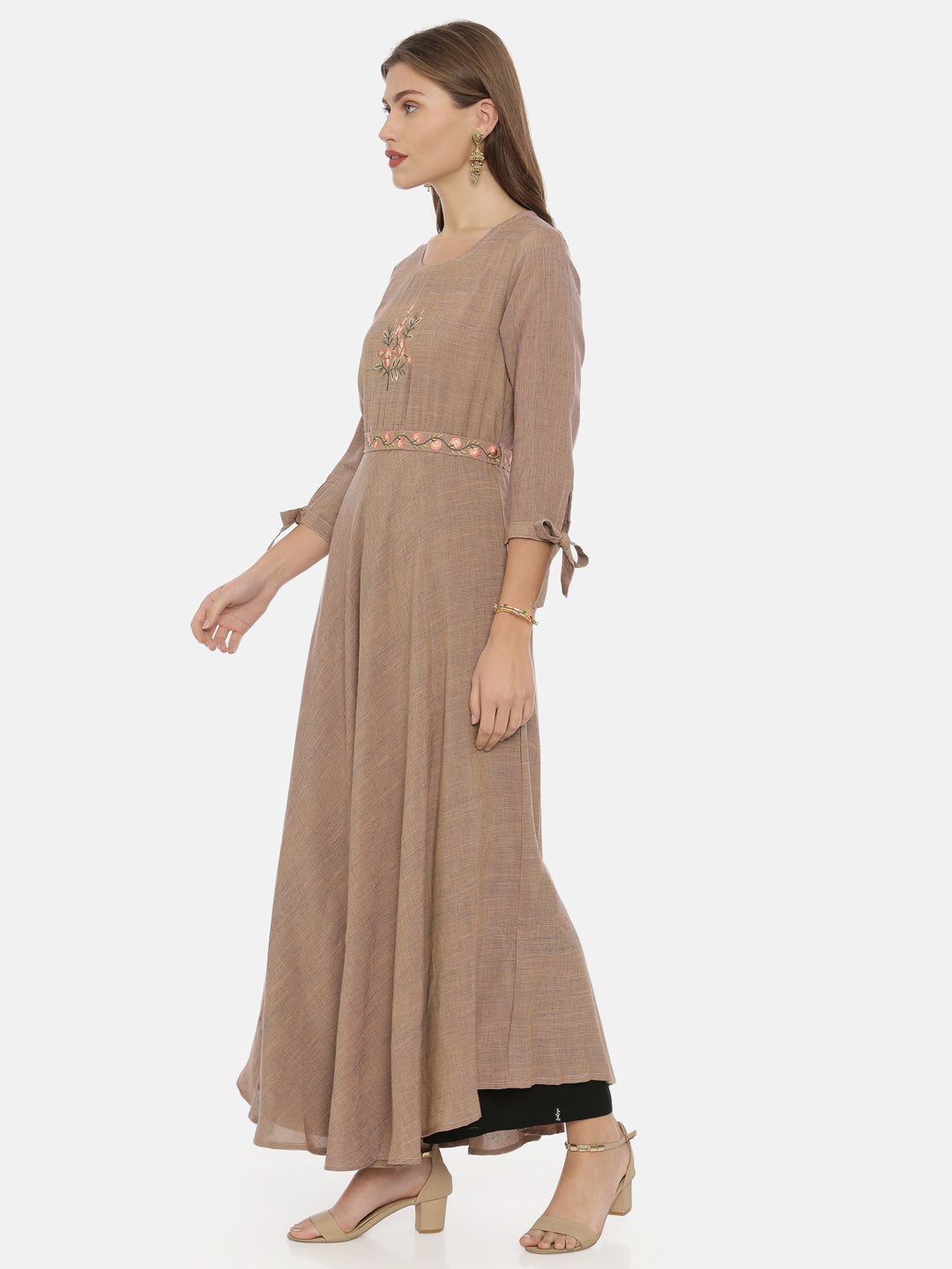 Neerus Brown embroidered anarkali kurta - side view