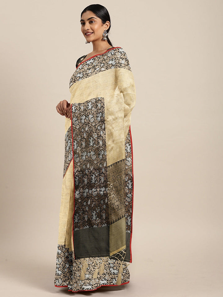 Neerus Gold printed saree with blouse piece - front view