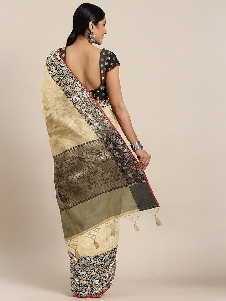 Neerus Gold printed saree with blouse piece - back view