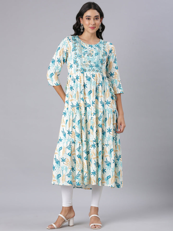 Neerus Teal Anarkali Casual Floral Kurtas