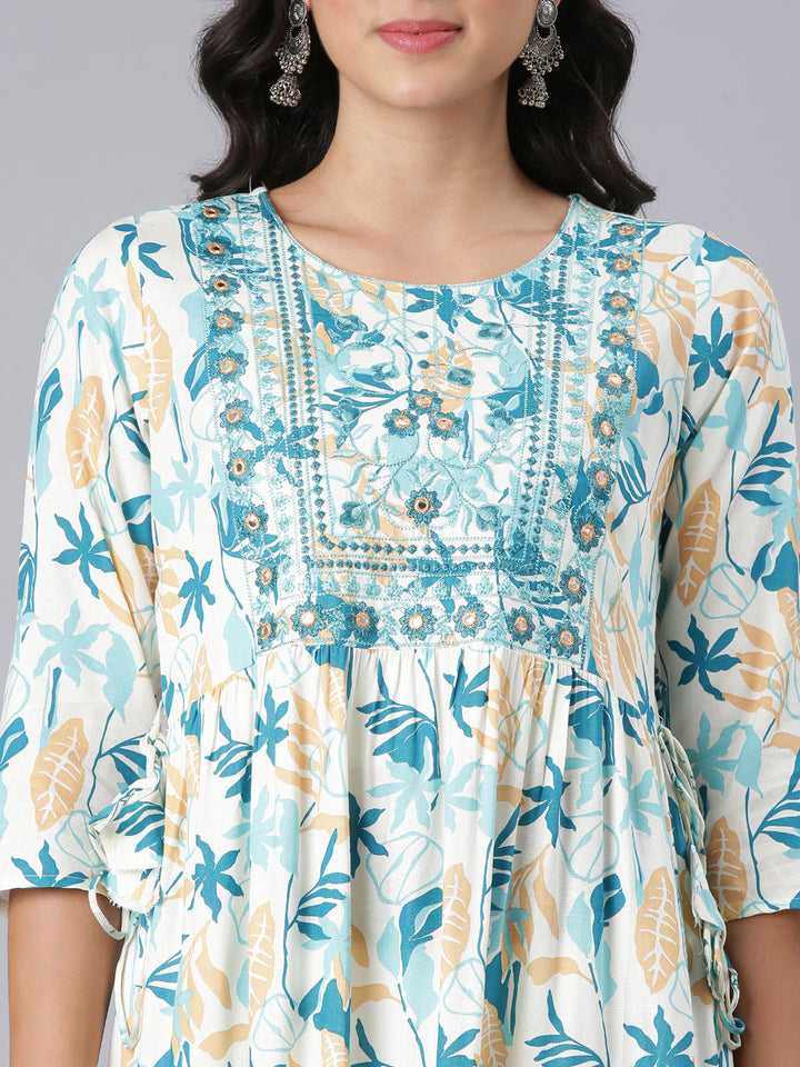 Neerus Teal Anarkali Casual Floral Kurtas