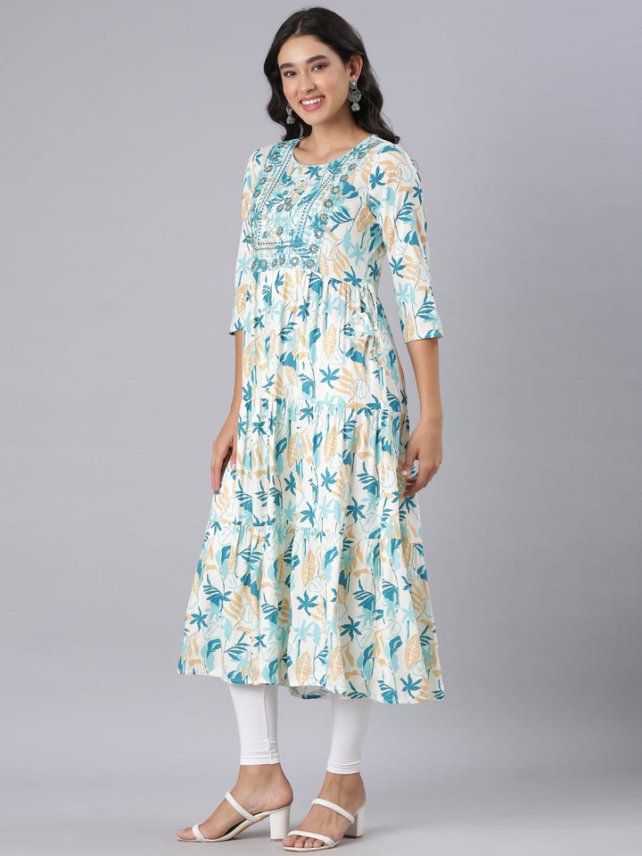Neerus Teal Anarkali Casual Floral Kurtas